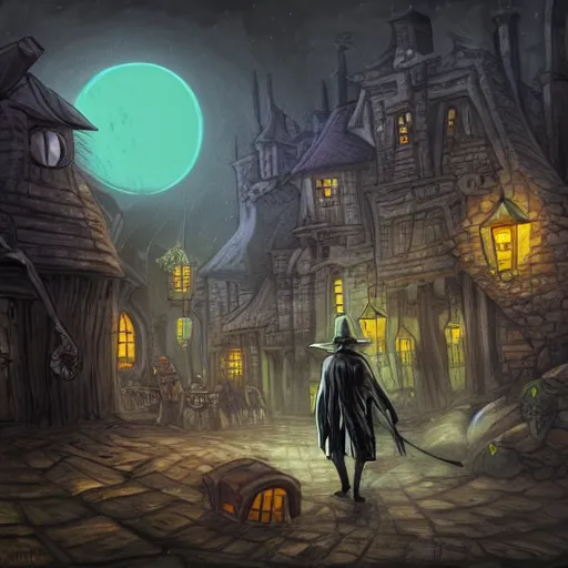 Prompt: a plague doctor walks through a dwarf city, dark atmosphere, detailed, vibrant Colors