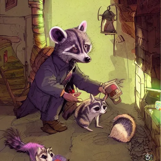 Image similar to Frank Dillane petting raccoons, comical, funny, cute, cartoon, digital painting, old english, whimsical background by marc simonetti, artwork by liam wong