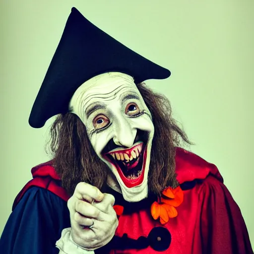 Prompt: medieval jester laughing, sinister, photograph, portrait,