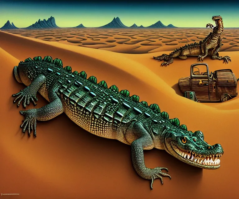 Image similar to hyper detailed 3d render like a Oil painting - a cartoon crocodile in a desert, by Jacek Yerka, Mariusz Lewandowski, Houdini algorithmic generative render, Abstract brush strokes, Masterpiece, Edward Hopper and James Gilleard, Zdzislaw Beksinski, Mark Ryden, Wolfgang Lettl, hints of Yayoi Kasuma, octane render, 8k