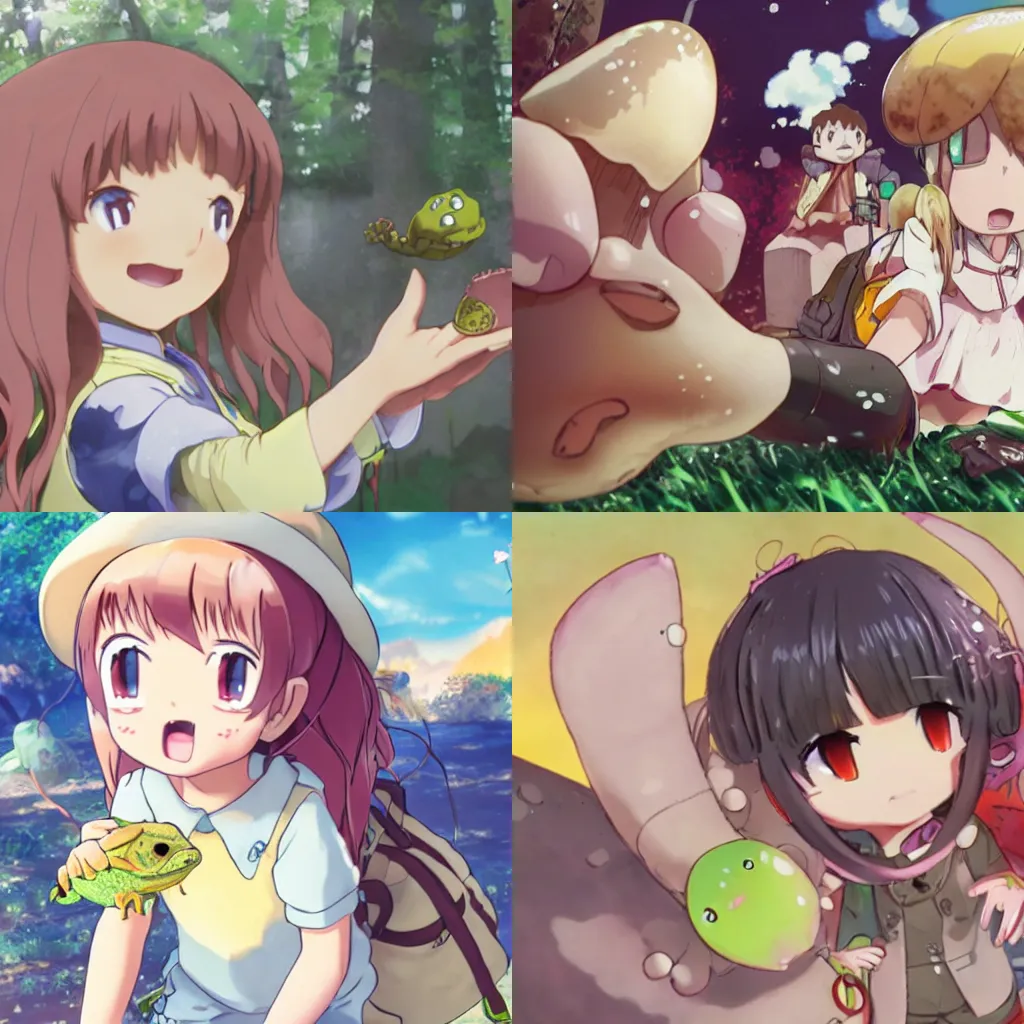 Prompt: a messy little girl holding a fat slimy toad up to the camera, moe anime key visual, detailed gross close-up from a cartoon