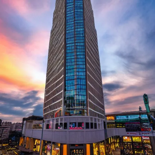 Image similar to Wide angle lens photograph of the tallest bookstore in the world at sunset