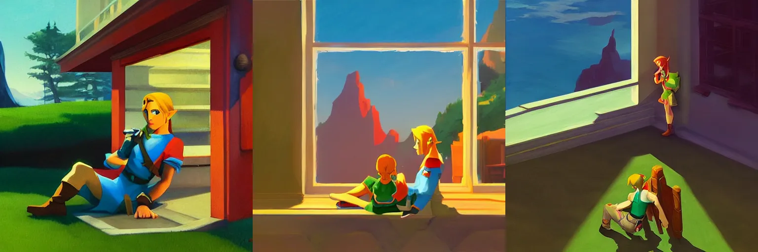 Prompt: Zelda and Link, Art by Edward Hopper and James Gilleard, 4K