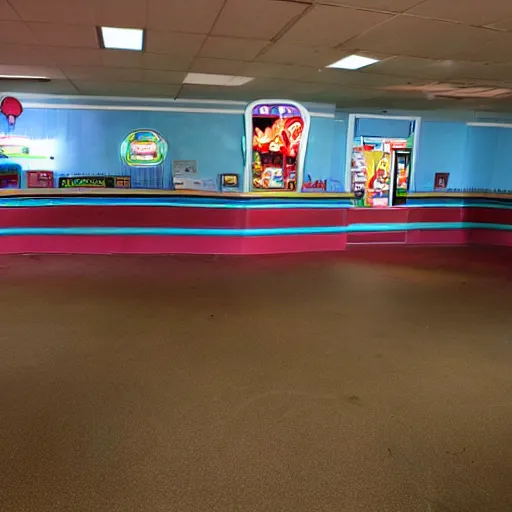 Image similar to an abandoned chuck e. cheese ’ s, no lights, scary animatronic,