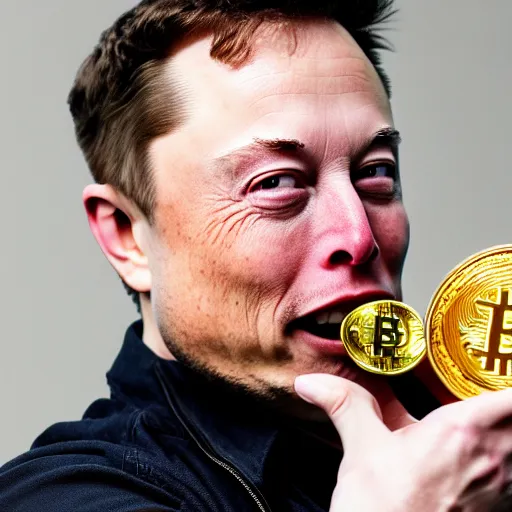 Image similar to Elon Musk eating a bitcoin, highly detailed, high quality, HD, 4k, 8k, Canon 300mm, professional photographer, 40mp, lifelike, top-rated, award winning, realistic, sharp, no blur, edited, corrected, trending