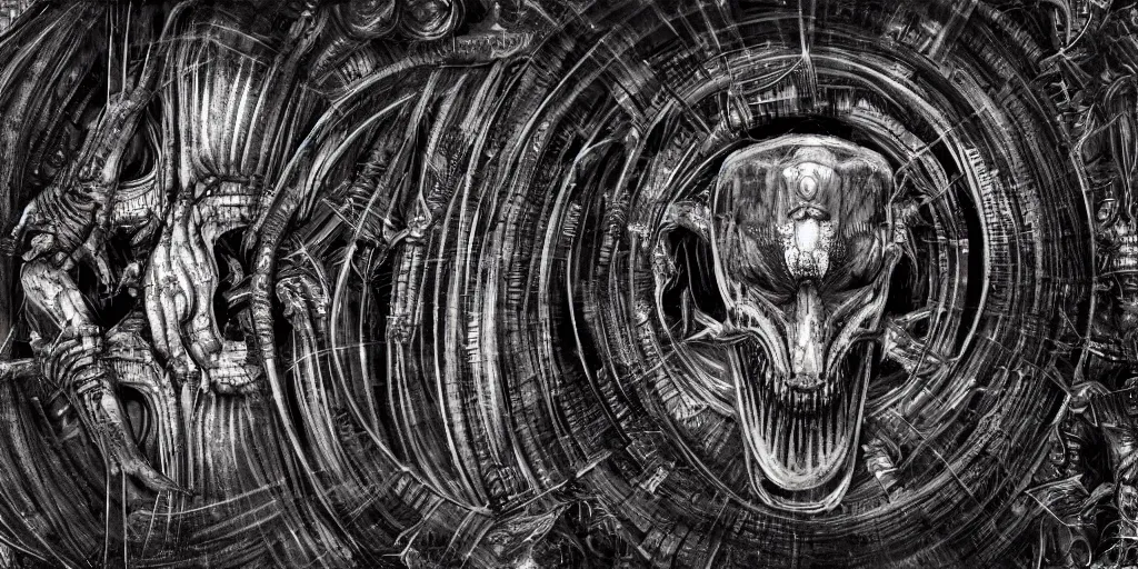 Image similar to the worst nightmare of h. r. giger, symmetrical, clear, focus, dof, underworld, hellish, esoteric, occult, secret