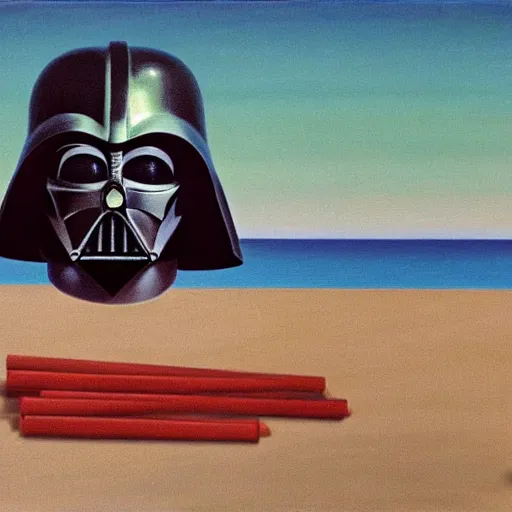 Image similar to portrait of darth vader at the beach, painting by rene magritte, high detail, high resolution