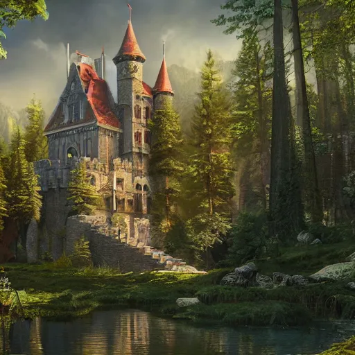 Image similar to a painting of a castle in the middle of a forest, a detailed matte painting by senior environment artist, cgsociety, gothic art, matte painting, rendered in unreal engine, artstation hq