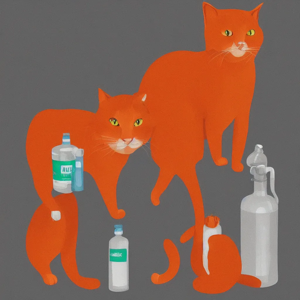 Image similar to a cat standing next to a bottle of medicine. orange cat. animal. digital art. artstation. illustration.