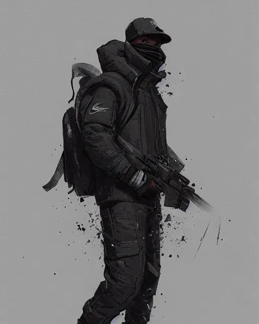 Image similar to Medium shot of a character wearing Nike ACG+Acronym+Riot Division in the style of greg rutkowski