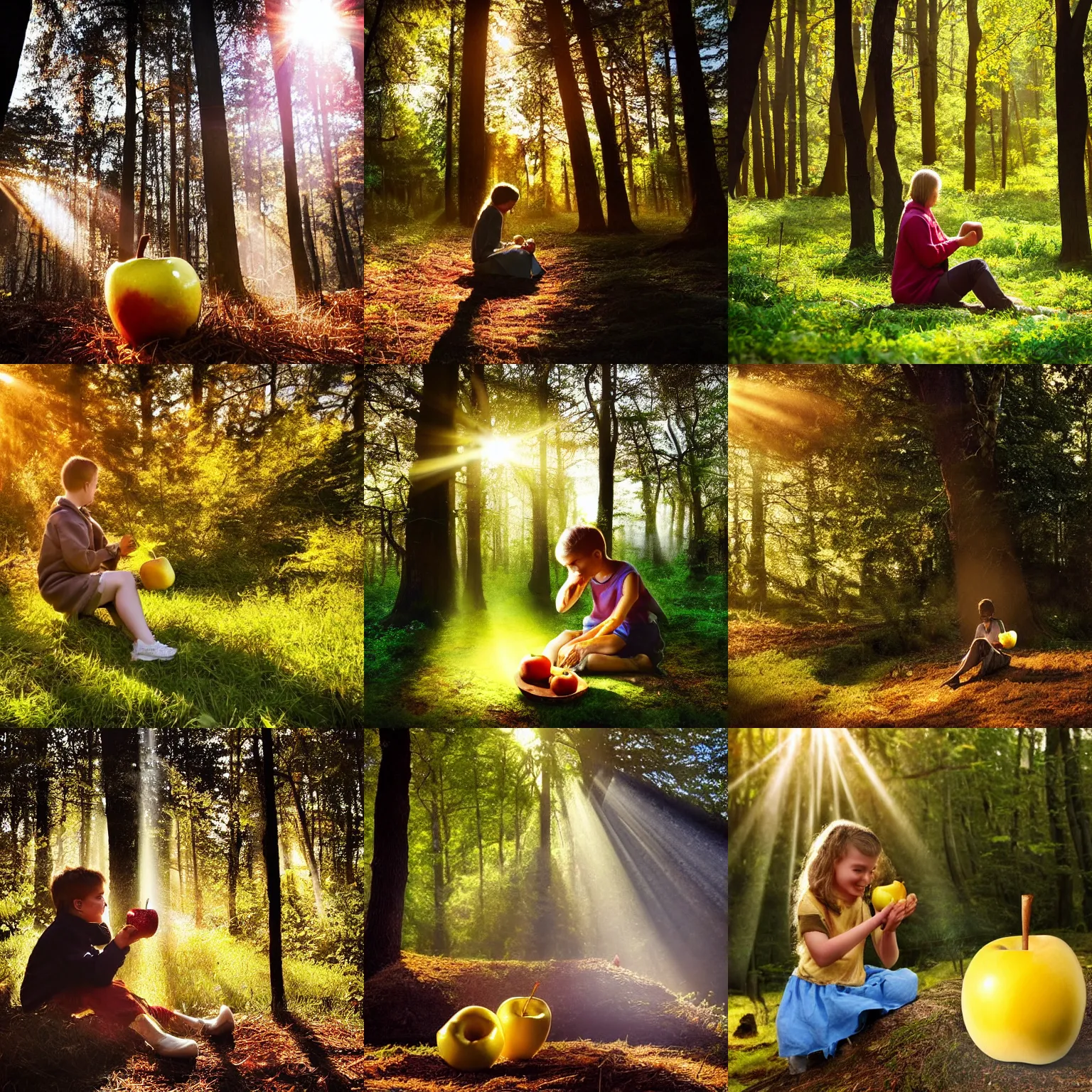 Prompt: a dear eating a golden apple in the forest, god rays, dramatic light, sunny