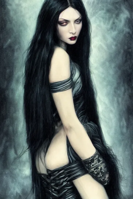 Image similar to a beautiful woman with long black hair, blue eyes, gothic, intricate, elegant, dramatic lighting, gorgeous face, black leather jacket, highly detailed, lifelike, photorealistic, digital painting, artstation, illustration, concept art, smooth, sharp focus, art by John Collier and Albert Aublet and Krenz Cushart and Artem Demura and Alphonse Mucha