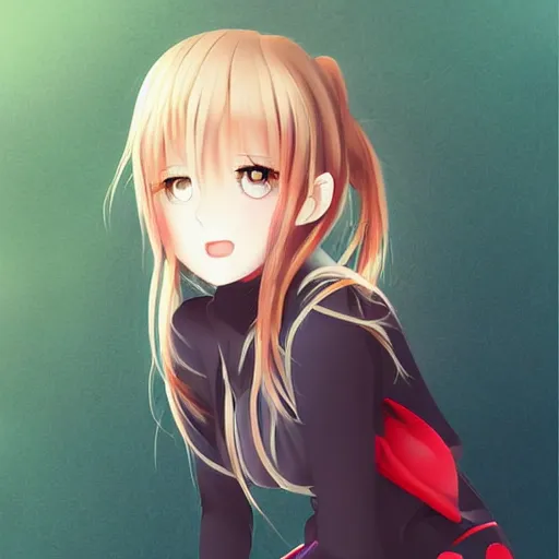Image similar to advanced digital anime art, a seductive female teen with red eyes and blonde hair that is to waist length wearing a dark grey school outfit slipping on a banana peel . drawn by Shikamimi, WLOP,rossdraws