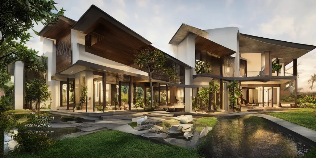 Prompt: 3d rendering of beautiful nature meets architecture concept of a residential house. balinese architecture, volumetric lighting, luxury, high detail, 14mm, cinematic photography, cg architects, high resolution