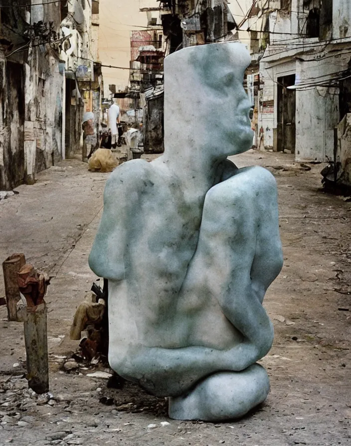 Prompt: vintage color photo of a marble sculpture in the middle of a poor brazilian street, image by werner herzog