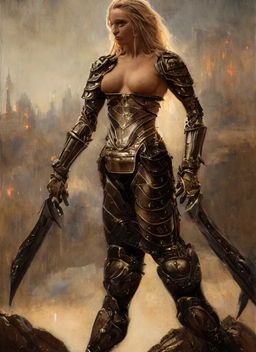 Image similar to blonde muscular woman wearing medieval black armour, detailed by gaston bussiere, bayard wu, greg rutkowski, giger, maxim verehin, greg rutkowski, masterpiece, sharp focus, cinematic lightning