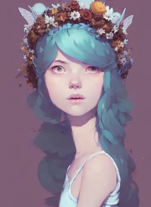 Image similar to portrait of cute fairy girl with crown of flowers fantasy, by atey ghailan, by greg rutkowski, by greg tocchini, by james gilleard, by joe gb fenton, by kaethe butcher, dynamic lighting, gradient light blue, brown, blonde cream and white color in scheme, grunge aesthetic