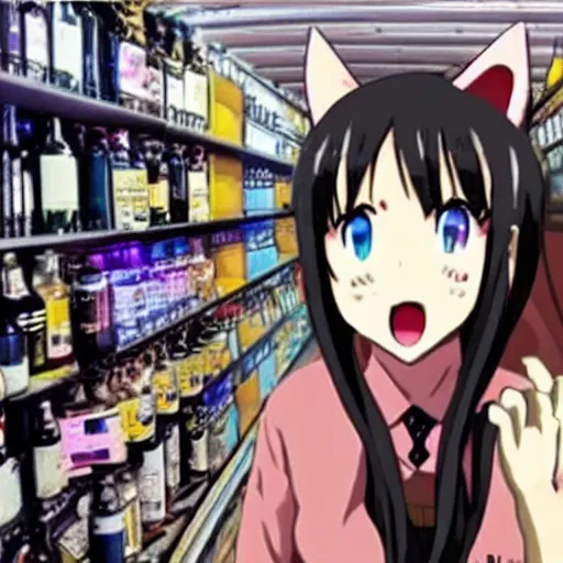 Image similar to anime catgirl cosplayer caught on security camera, robbing a liquor store