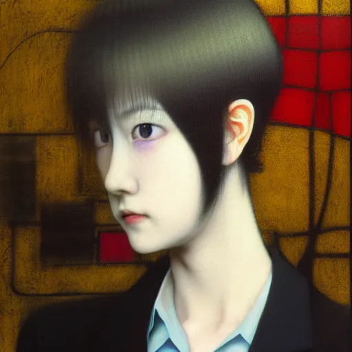 Image similar to yoshitaka amano blurred and dreamy realistic three quarter angle portrait of a young woman with short hair and black eyes wearing office suit with tie, junji ito abstract patterns in the background, satoshi kon anime, noisy film grain effect, highly detailed, renaissance oil painting, weird portrait angle, blurred lost edges