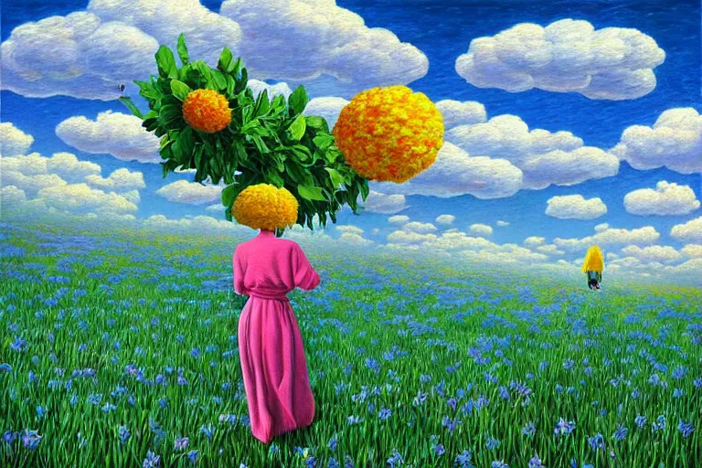Prompt: big flower head, woman walking, surreal, clouds in sky, impressionist painting, digital painting, artstation, rob gonsalves