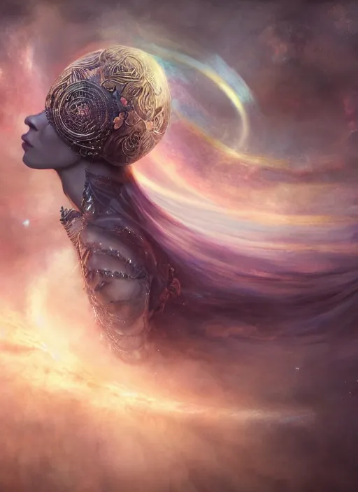 Image similar to epic portrait of menacing and anxious yet stunningly beautiful biomechanical djinn overseeing the iridescent fabric of the universe, by charlie bowater, mandy jurgens, gustav klimt, octane render, dramatic camera angle, 4k, 8k, high detail, HDR, by tom bagshaw, powerful, with inspiration from Beksinski