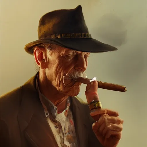Prompt: a portrait of jack nicolson smoking a cigar, artstation greg rutkowski, cinematic, hyperrealist, digital art