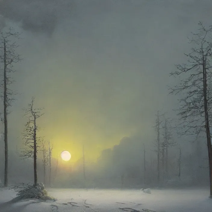 Prompt: a 3 d painting of winter chernobyl sunset by ivan aivazovsky and zdzisław beksinski and simon stalenhag! and greg rutkowski! and james gurney, in style of digital art. hyper detailed, sharp focus, soft light. octane render. maya. ray tracing. trending on artstation