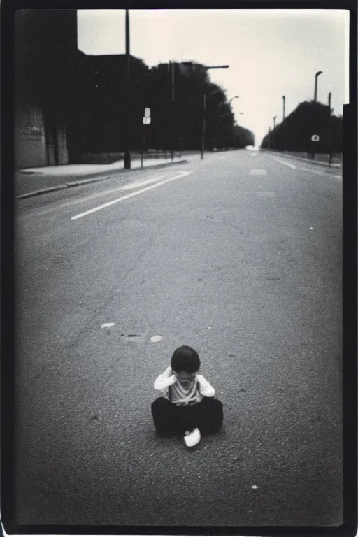 Image similar to photo polaroid of sad and lonely child in the middle of an empty street in a big city, photorealistic, 35mm film, black and white, polaroid,