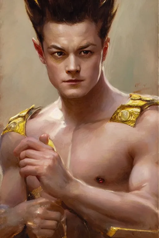 Image similar to portrait of taron egerton as prince vegeta. art by gaston bussiere.