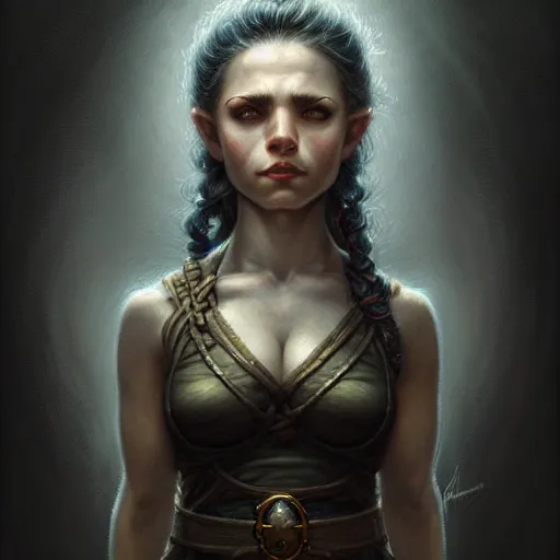 Prompt: portrait of a beautiful cute strong brave realistic female gnome engineer, edgy undercut black hair, d & d, micro detail, intricate, elegant, highly detailed, centered, rule of thirds, artstation, sharp focus, illustration, artgerm, tomasz alen kopera, donato giancola, wlop