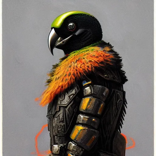 Prompt: neon armored kenku, artistically anthropomorphic black bird head. neon, science fiction, portrait by donato giancola and greg rutkowski and wayne barlow. top all time r / imaginarycyberpunk.