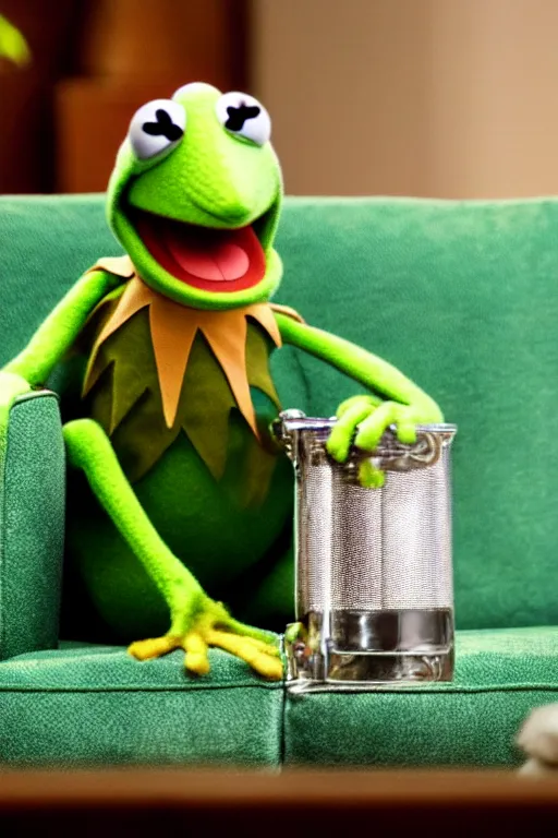 Image similar to candid photo of kermit the frog sitting on the couch hitting a bong, kermit the frog in ted ( 2 0 1 2 ) bong scene, kermit the frog, high resolution photo, trending on artstation, interior design,