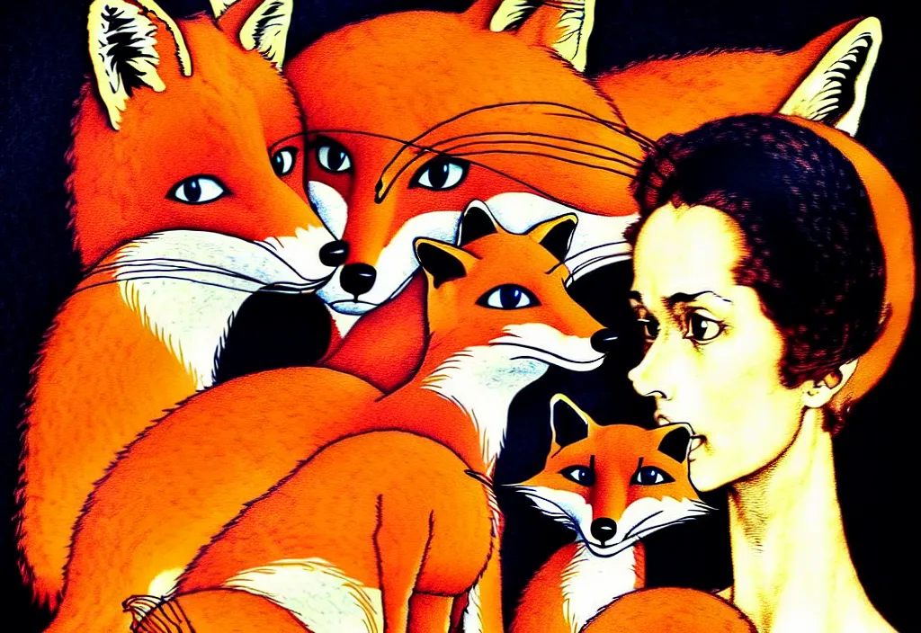 Image similar to portrait of a fox and a ( nerdy ) woman enveloped in yarn thinking of ( seventies art horror ) movies about death and chaos, by norman rockwell, pixar, studio ghibli, toei, mc escher, intricate line work, beautiful, complete light occlusion, hyper realism, trending on pinterest, artstation 8 k