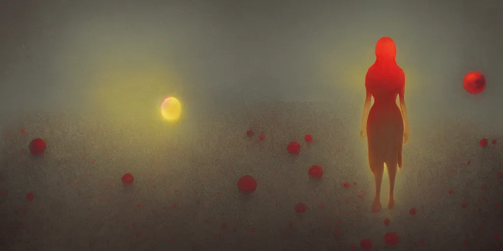 Image similar to surreal snow landscape, woman in gold dress with red hair crawling in red liquid, black antimatter blobs, floating golden orbs, red sky, beksinski, concept art, artstation, style by anato finnstark,