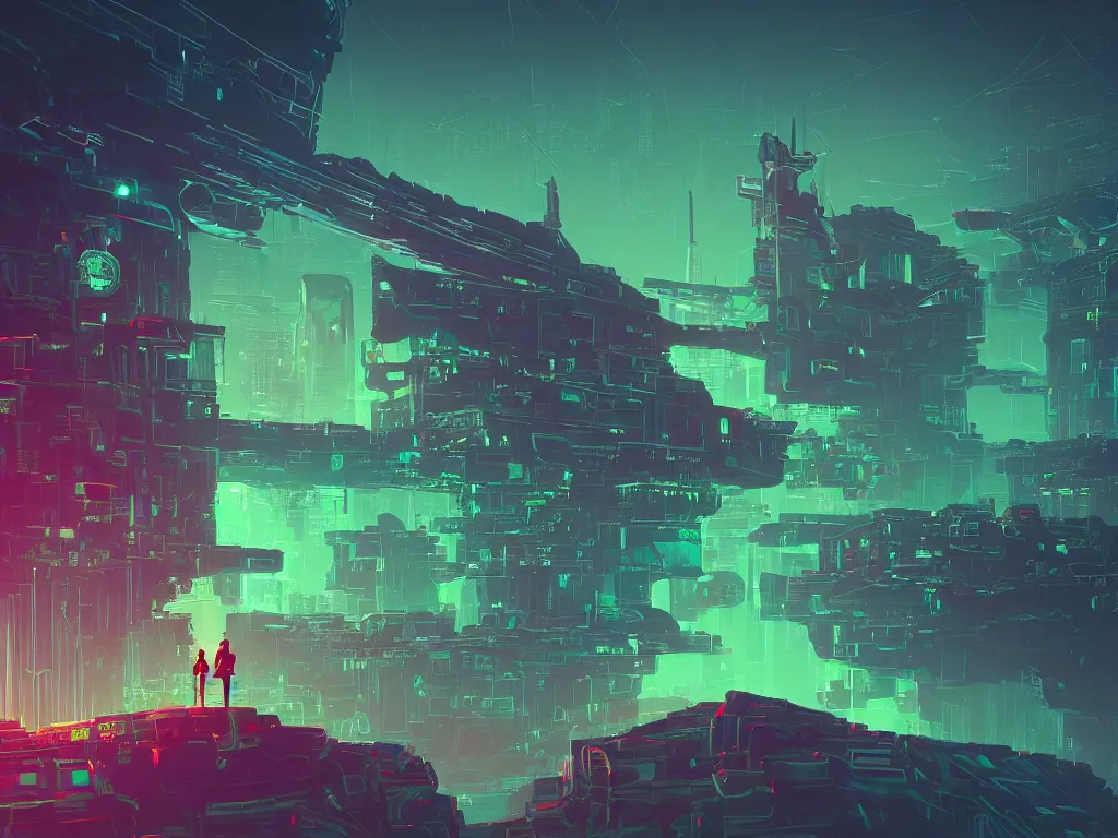 Image similar to synthwave landscape of a lone traveler walking towards a distant cyberpunk castle, complex, cyberspace, grid, holographic, virtual, night, wireframe, by Anton Fadeev, by Alena Aenami, by Paul Lehr, wide angle, highly detailed, cinematic, Blue and Green color scheme