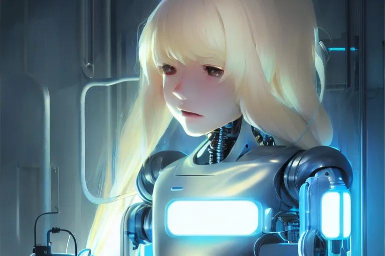 Image similar to datacenter room connects cables young robot server android baroque oil painting finely detailed perfect face flowing long fiberoptics blonde hair robot eyes blue. anime shinkai takeuchi key visual of character concept art metal female robot body suit pixiv fanbox, painted by greg rutkowski