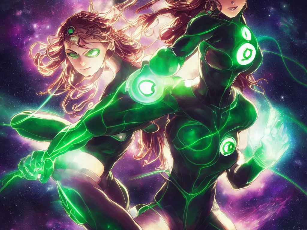 Image similar to anime key visual of one beautiful female green lantern, dc comics, power, hope, glowing, intricate, in space, stunning, highly detailed, digital painting, artstation, smooth, hard focus, illustration, art by artgerm and greg rutkowski and alphonse mucha