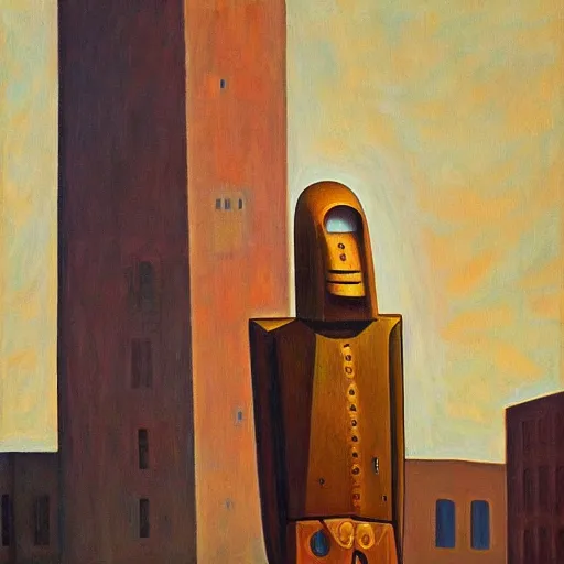 Image similar to brutalist giant sacred robot visage, portrait, cathedral, dystopian, pj crook, edward hopper, oil on canvas