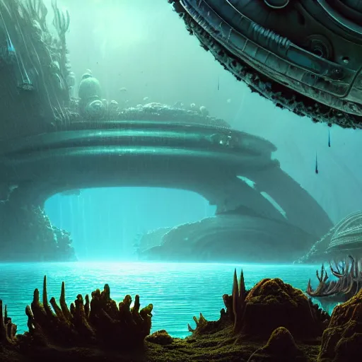 Image similar to a matte painting of alien underwater landscape of lush flora, remnants of old spaceship, alien creatures emerging, morning, by Giger and Ralph McQuarrie and Bruce Pennington, cinematic lighting, ambient light, hyperrealism, nvidia, octane render, 8k, iridescent accents, vray, deviantart