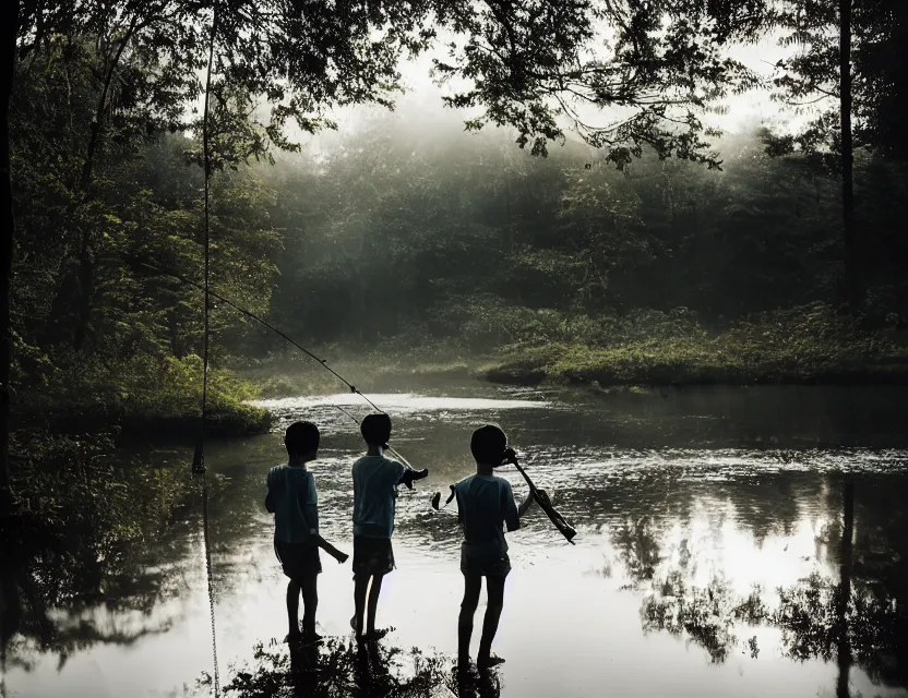 Prompt: kids fishing on a pond in the forest, ring light, smoky background, detailed, super realistic photography, sasin tipchai style