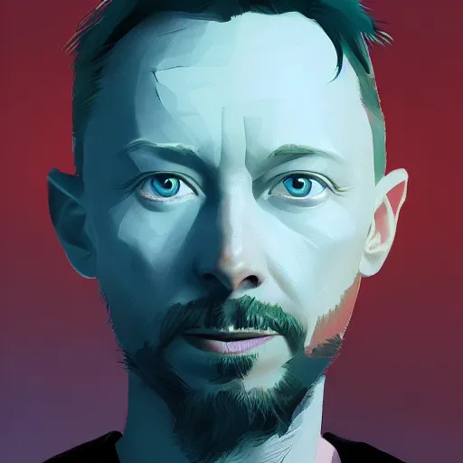 Image similar to Portrait of Thom Yorke half-human half-robot, mattepainting concept Blizzard pixar maya engine on stylized background splash comics global illumination lighting artstation lois van baarle, ilya kuvshinov, rossdraws