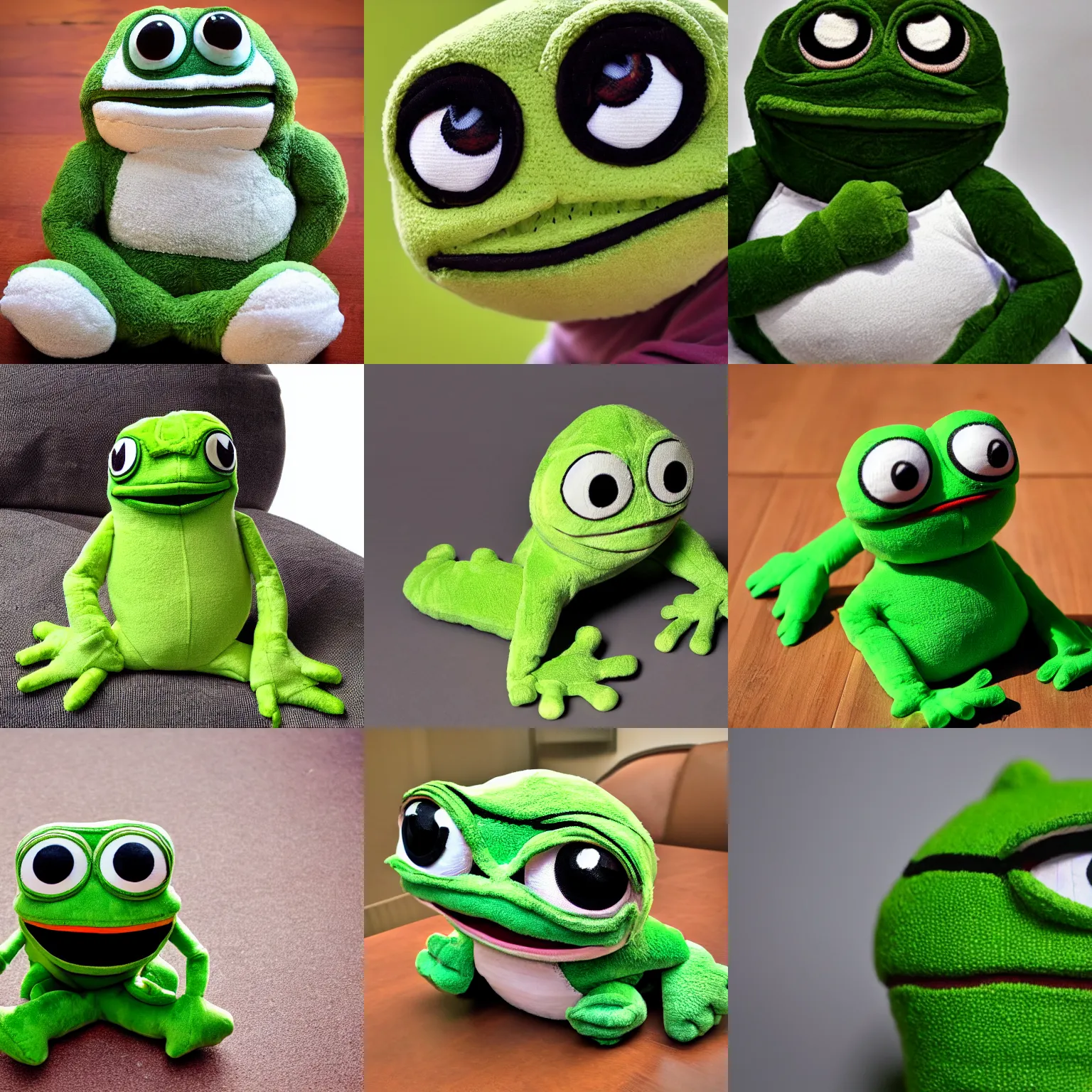 Prompt: HD photograph of a pepe the frog plushie