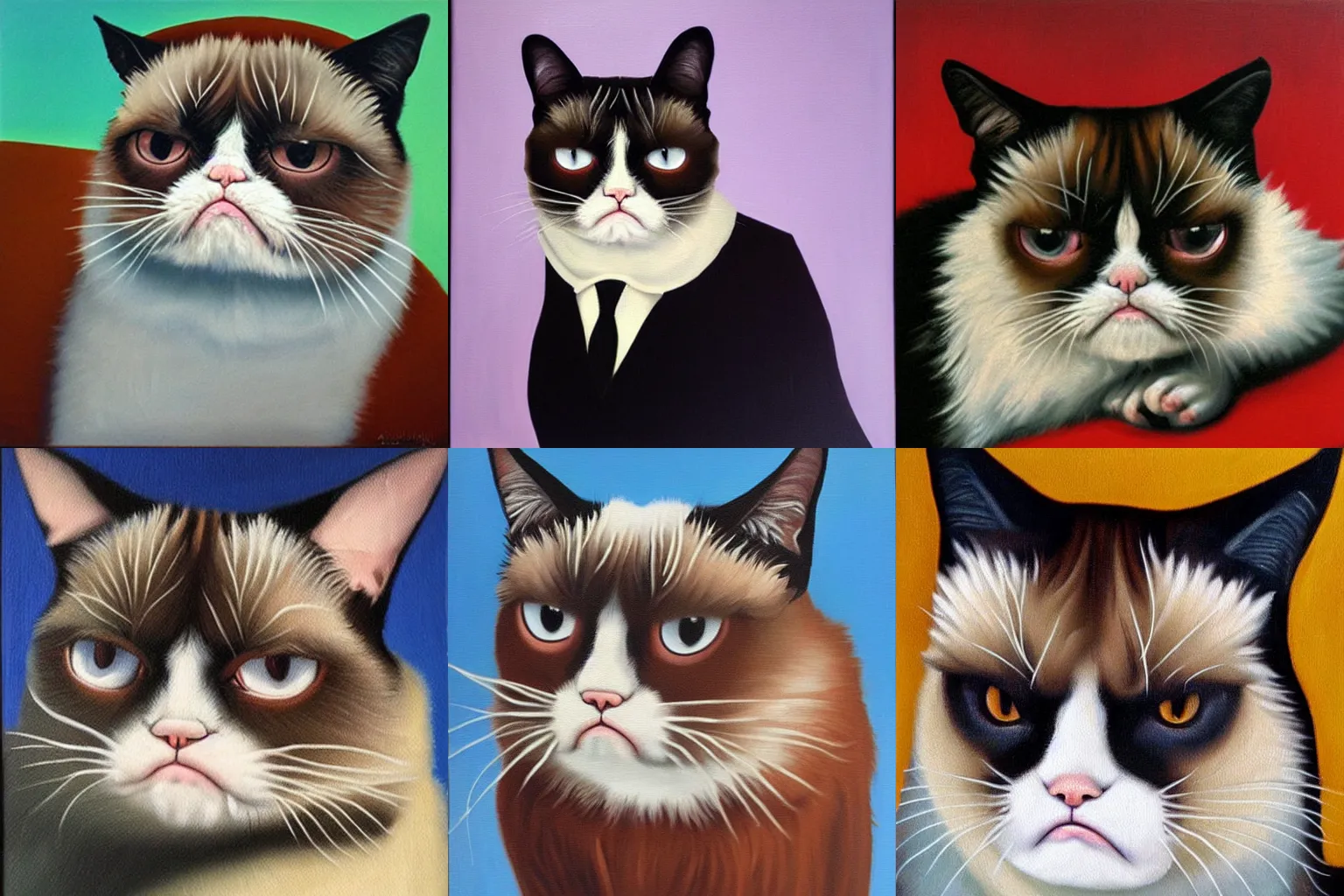 Prompt: grumpy cat oil painting magritte