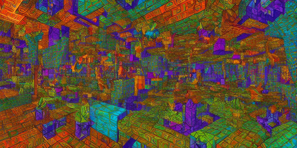 Image similar to liminal space virtual art museum in a 9 0's video game in the style of mc escher and heironymus bosch, colorful intricate masterpiece, hyper detailed, hd screenshot