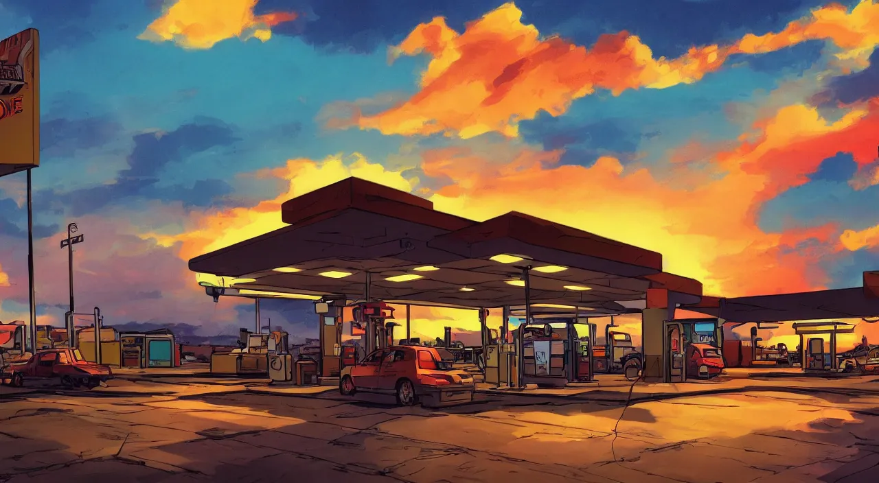 Prompt: gas station roadside south west sunset sky beautiful artstation 4 k breathtaking graphic novel concept art illustration cartoon by jack kirby