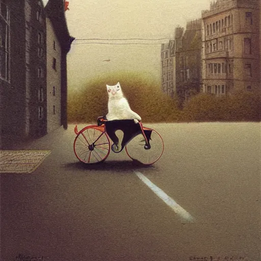 Image similar to A cat driving a bicycle, an illustration by Michael Sowa, but as photography