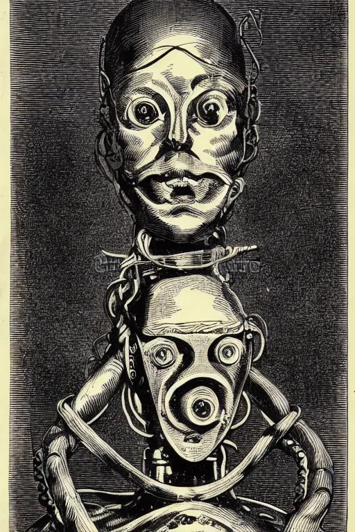 Prompt: 19th century wood-engraving of a slender humanoid robot with eyes unraveling itself into a rope, whole page illustration from Jules Verne book titled Stardust Crusaders, art by Édouard Riou Jules Férat and Henri de Montaut, frontal portrait, high quality, beautiful, highly detailed, removed watermarks