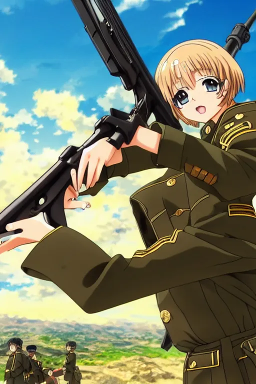 Image similar to anime key visual of tanya degurechaff aiming down a bolt action rifle, official digital media illustrated by artist so - bin, 1 9 1 8 colorized footage of the great war, trenches bombs, trending on artstation