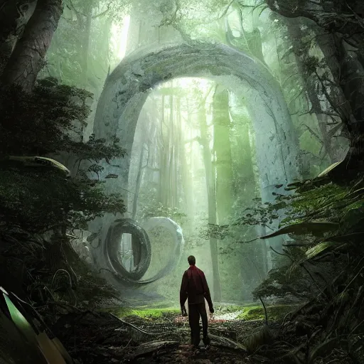 Prompt: a man standing in front of a portal in the middle of a forest, poster art by stephan martiniere, behance contest winner, sci - fi, reimagined by industrial light and magic, concept art