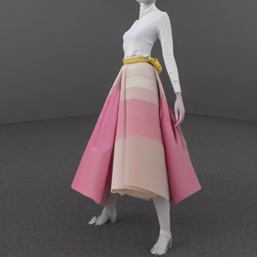 Image similar to a skirt ,silk and cotton,pink and light yellow,layers,long design,white belt,3d render ,fashion design ,highly detailed, hyper realistic,keyshot render,octane render,hdri, 4k -